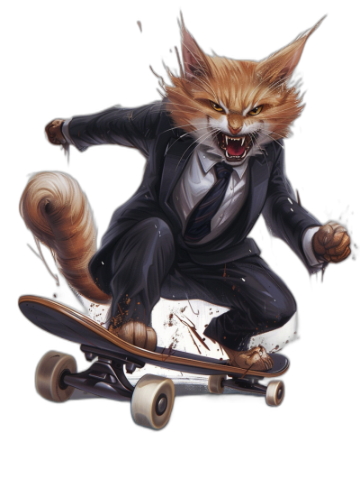 A realistic digital illustration of an angry ginger cat in a suit and tie riding on the back end of a skateboard, with an isolated black background, in the style of a t-shirt design.