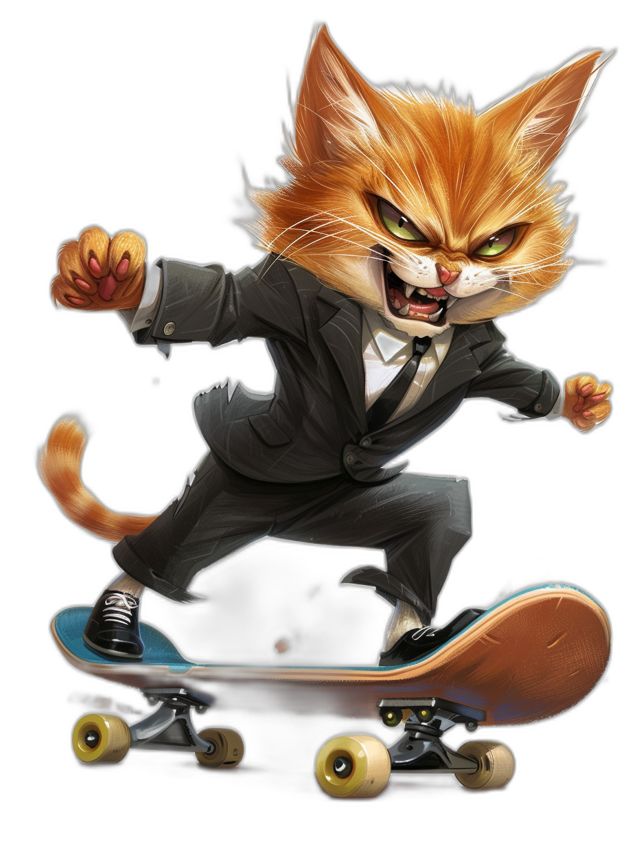 realistic cartoon illustration of an angry ginger cat in suit riding on skateboard, black background, vibrant colors