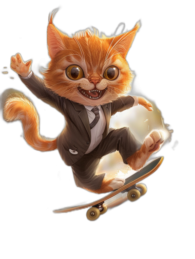 A cute orange cat in a suit, smiling and flying on a skateboard in the style of Pixar, cartoon style, black background, concept art in the style of cgsociety, character design, portrait of characters, 2d game art