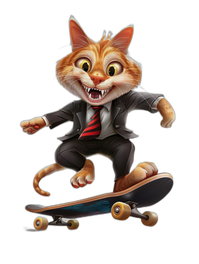 A cartoon cat in a suit and tie, riding on a skateboard, smiling with teeth showing, black background, 2D game art style, caricature faces, flat shading, high resolution in the style of 2D game art.