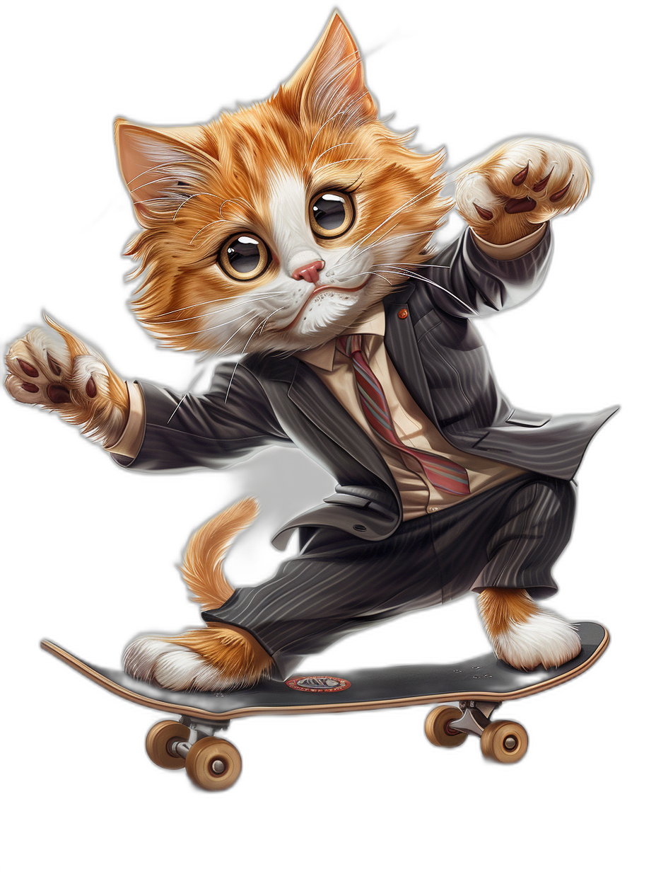 digital art of cute kitten , wear business suit , skating on skateboard, black background , big eyes , lovely and funny