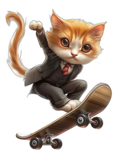 Cute cartoon cat in suit and tie riding on skateboard, vector illustration by [Artgerm](https://goo.gl/search?artist%20Artgerm), full body shot, isolated black background, white border around the edges