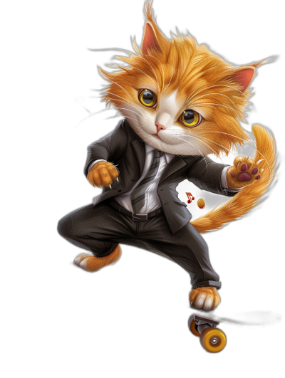 A cute orange cat in a suit, with yellow eyes and furry hair, is playing skateboard on a black background in the style of [Artgerm](https://goo.gl/search?artist%20Artgerm)'s cartoon style with a big head and chibi character design. It is a detailed digital art that is trending on pixiv fanbox niji5.