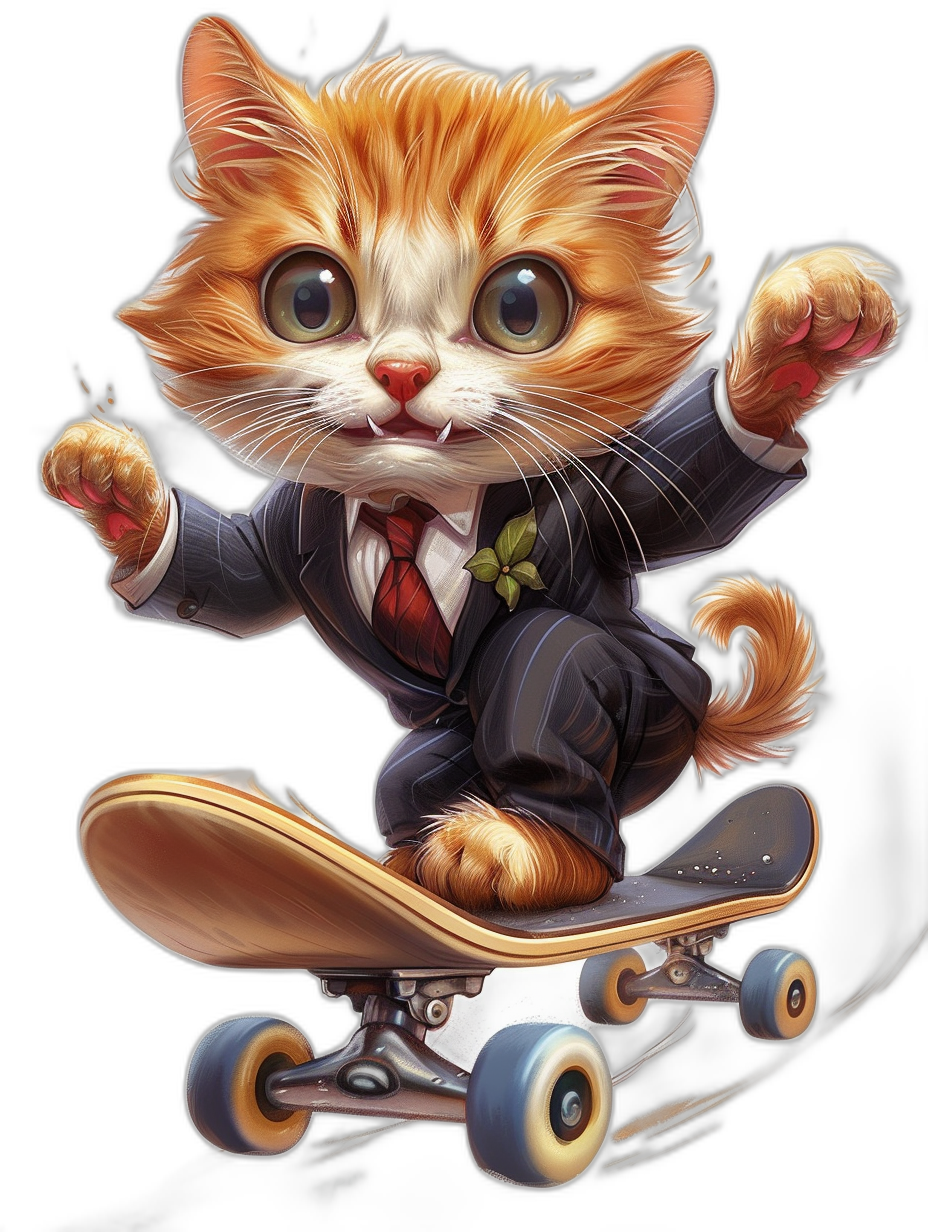 A cute ginger cat in a suit riding on a skateboard, on a black background, vector art in the style of [Jay Anacleto](https://goo.gl/search?artist%20Jay%20Anacleto), [Greg Hildebrandt](https://goo.gl/search?artist%20Greg%20Hildebrandt), Rossdraws and Chris Sanders, hyper detailed, hyper realistic, octane render, studio photography, volumetric lighting, cinematic, high resolution, sharp focus, intricate details, highly detailed, illustration, hyperrealistic, masterpiece, concept art, 2D game art.