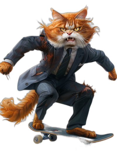 realistic digital art of an angry ginger cat wearing suit and tie, skating on skateboard, black background, full body portrait