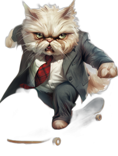 A Persian cat in a suit and red tie, riding on a skateboard with an angry face. It has white fur with grey stripes against a black background. Digital art in the style of [Kawacy](https://goo.gl/search?artist%20Kawacy) with detailed character design suitable for 2D game art in a cartooncore style.