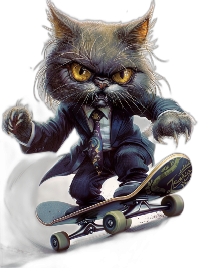 A cat in a suit and tie riding on a skateboard, full body shot, angry eyes, skater style, detailed fur texture, graffiti art in the style of [Jim Lee](https://goo.gl/search?artist%20Jim%20Lee), vector illustration, black background, t-shirt design