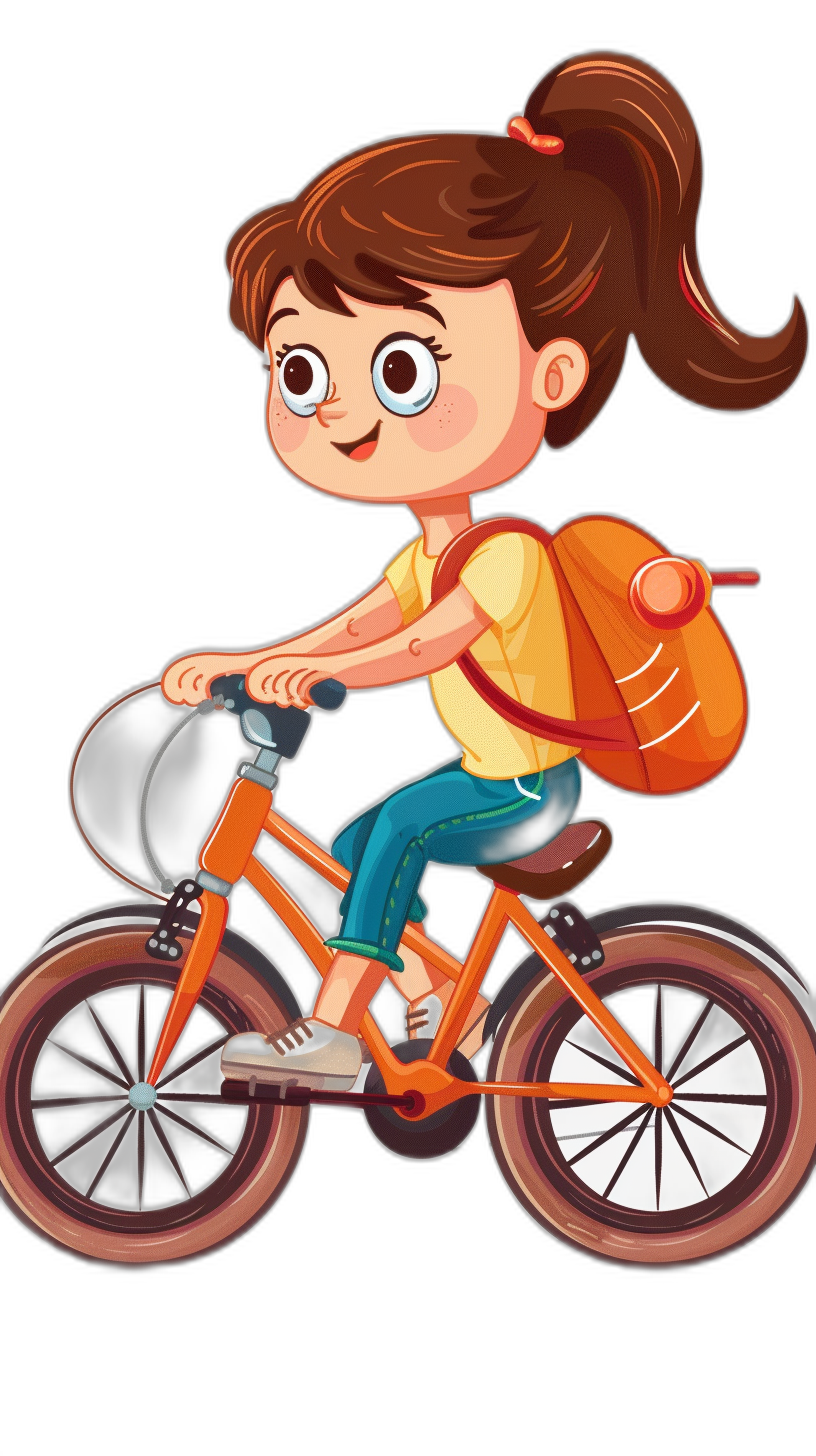 a cute little girl is riding her bike, she has brown hair in pigtails and wears an orange backpack with black background, vector cartoon illustration for kids, colorful, high detail, no shading