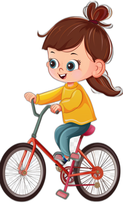 A cute little girl is riding her bicycle in a cartoon style vector illustration with a solid black background. She has big eyes and brown hair in pigtails. Her  include an orange long-sleeved top with blue jeans and white socks on her feet. The bike's frame color should be red or pink. A yellow flag hangs from its handlebar.