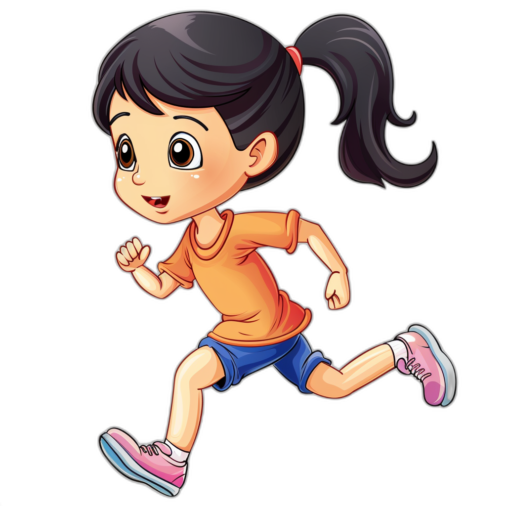 a cute cartoon girl running, clip art style, isolated on black background