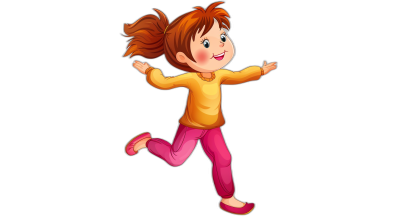 A cute little girl is running and smiling happily with brown hair and pink pants on her legs. She has short red curly ponytails and wears yellow long sleeves and magenta shoes. Black background. Cartoon style. In the style of Pixar animation. Full body shot. The character's face should be cartoonish, with large eyes, small nose, mouth open in a smile, hands spread out to the side of her head. Flat illustration.