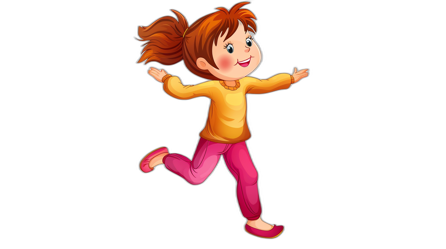 A cute little girl is running and smiling happily with brown hair and pink pants on her legs. She has short red curly ponytails and wears yellow long sleeves and magenta shoes. Black background. Cartoon style. In the style of Pixar animation. Full body shot. The character’s face should be cartoonish, with large eyes, small nose, mouth open in a smile, hands spread out to the side of her head. Flat illustration.