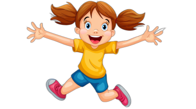 A cartoon happy girl is jumping in the style of clip art on a black background.