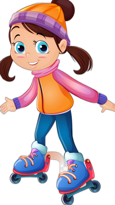 A cute cartoon girl on roller skates clip art, flat illustration style, black background, vector graphics, bright colors, wearing winter  and hat, with happy expression, full body portrait, high definition resolution, high details, high quality, cartoon style, cartoon character design.