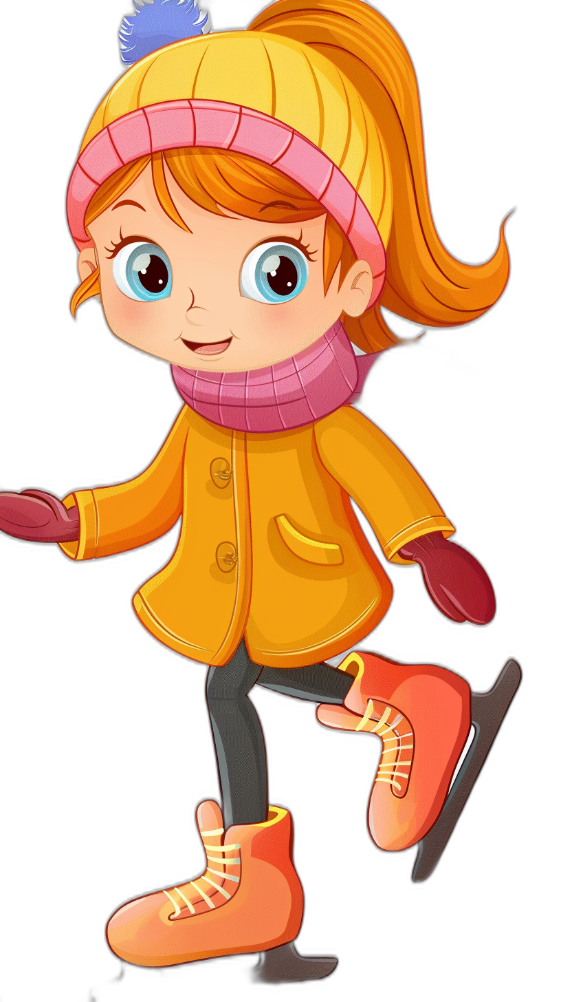 Cute cartoon girl ice skating, wearing winter  and gloves, isolated on black background, simple illustration, flat design, vector art style, high resolution, high quality, high detail, colorful color palette, warm colors, happy mood, lively facial expressions, friendly character designs, clipart style, bright colors, cute cartoon character.