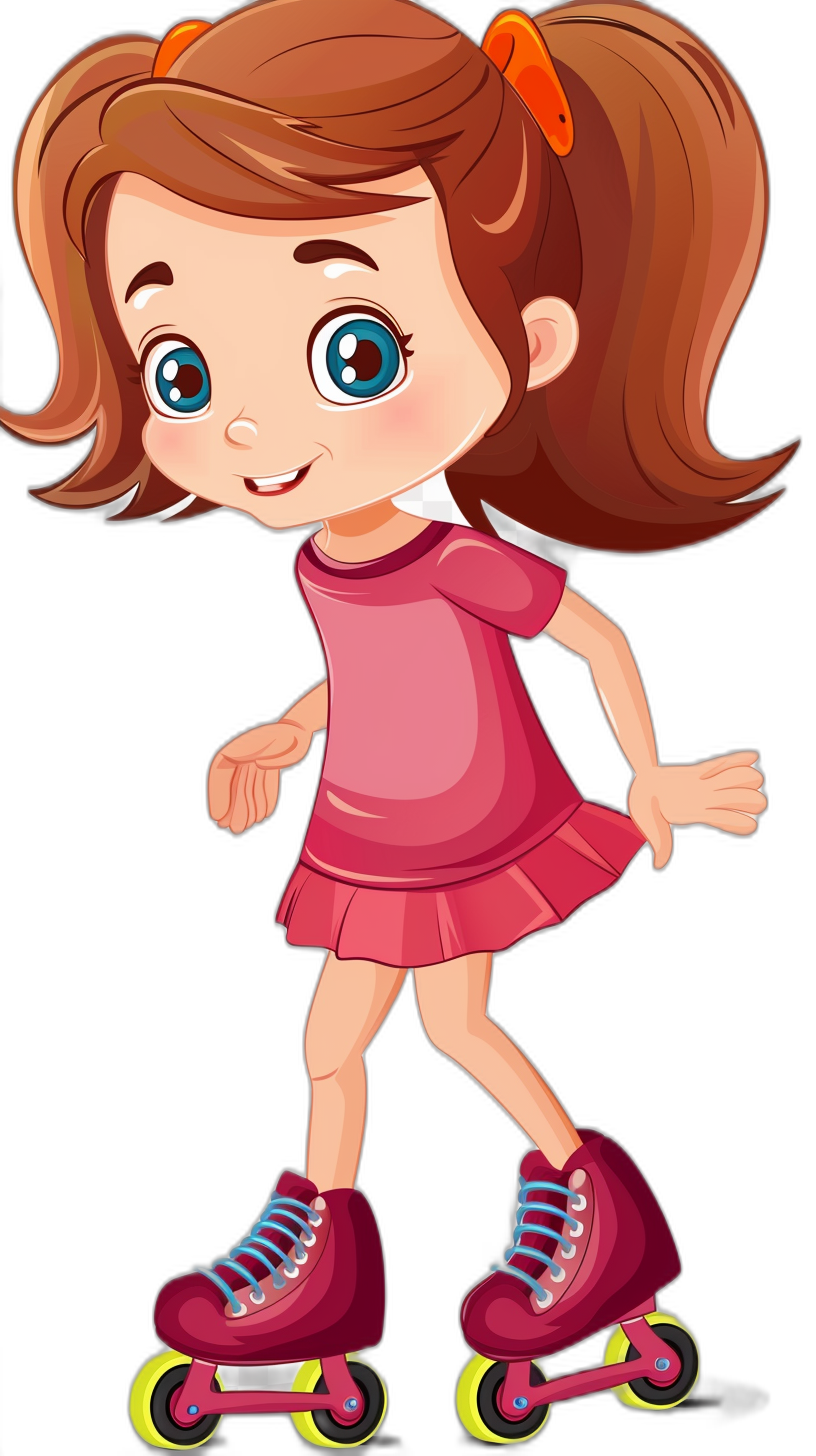 Cute cartoon girl on roller skates clip art, vector illustration for kids, solid black background, cute and dreamy style in the style of, no shadow, low detail, simple lineart, high resolution, high quality, pink dress, red hair with brown pigtails, blue eyes, smiling, skating in the air