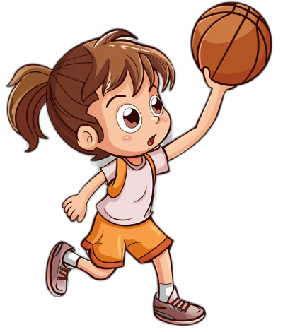 A cute little girl is playing basketball in a vector illustration style. The simple drawing shows the cartoon character with a black background. She has brown hair and wears an orange short skirt paired with a white t-shirt and sneakers. Her right hand holds the ball while she takes off running toward it in a full-body view, her expression focused on the game as if ready to make a spectacular dunk. in the style of [Raina Telgemeier](https://goo.gl/search?artist%20Raina%20Telgemeier)