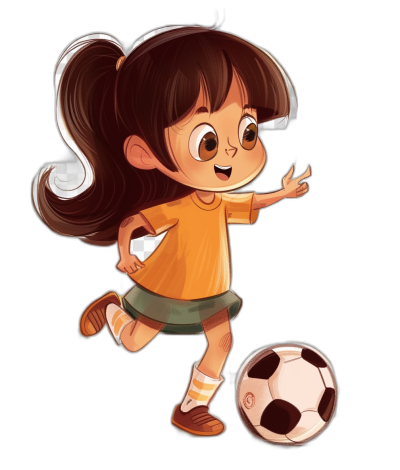 A cute cartoon girl playing soccer in the style of clip art on a black background at high resolution.