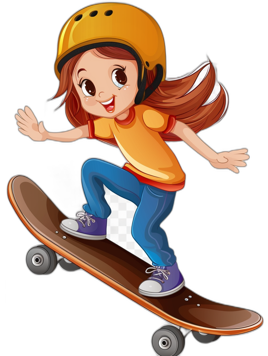 Cute cartoon girl riding a skateboard, vector illustration with a black background in the colorful cartoon style, simple lines, flat design, high resolution graphic design of professional quality with detailed rendering and high detail in a high definition, 2D, high-resolution, high-definition style.