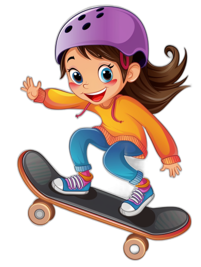 Cute cartoon girl on skateboard isolated, vector illustration for children's book illustration with black background