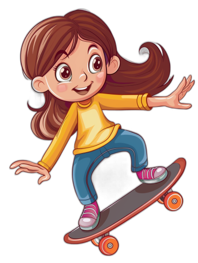 Cute cartoon girl on skateboard clipart, black background, vector illustration in the style of children's book illustration, cute and colorful