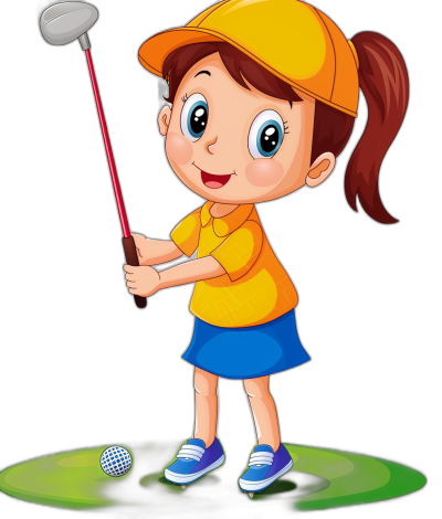 A cute cartoon girl playing golf in the style of clip art, in a simple illustration style with a black background, high quality, high resolution, colorful illustrations in the style of children's book illustrations, cute, showing her full body and close up on her face.