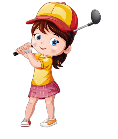 A cute little girl playing golf in a vector illustration with a black background in the style of a cartoon. The style is simple with colorful  and professional quality. She is wearing a yellow shirt and pink skirt, holding a driver club with a smiling expression in a full body portrait. The girl is wearing a red cap on her head and white sneakers. Her eyes are blue in color and her mouth is slightly open showing her teeth. Her hand is holding the stick with a focused expression. She is an isolated object on an isolated background presented in vector graphics.