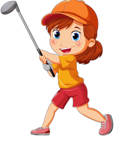 A cute cartoon girl playing golf, vector illustration with black background. She is wearing an orange cap and red shorts, holding the club in her hand while taking swing. Her eyes sparkle as she smiles at me., focus on face