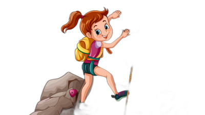 A cartoon girl climbing rocks, dressed in colorful shorts and with a backpack on her back, in the style of an animated style, with a simple black background, with a cute expression, from a high angle view, with high resolution, with bright colors, with a wide-angle lens, with side lighting, with lively movements.