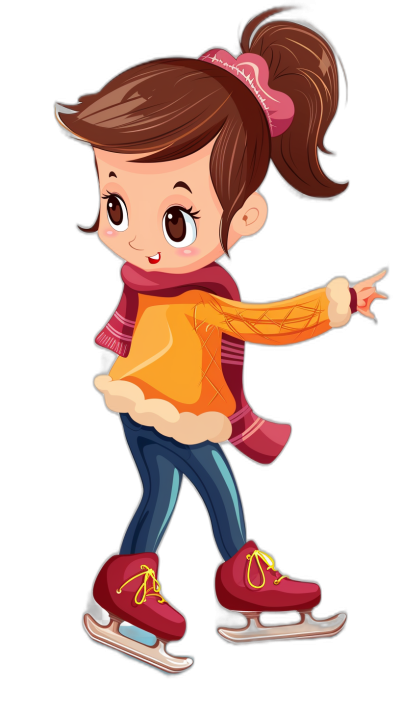 Cute cartoon girl ice skating, vector illustration with black background, cute and dreamy style, colorful , detailed character design, light red , pink hair ribbon, orange sweater, blue jeans, bright colors, full body portrait, wearing skates on feet, pointing finger to the right side.,in hand-drawn animation stills, charming anime characters, cartoon realism, cartoon, cartoon details, cute expression, happy face