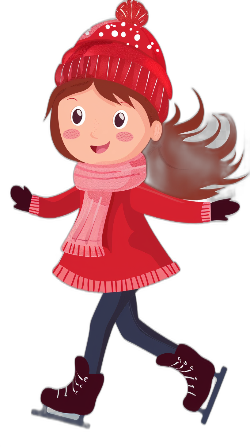 A cute girl skating, wearing a red hat and scarf, in a flat illustration style with a black background, simple design, vector file, no shadows in the middle of the page. No gradient, no color, white edges, clipart for a girls jeans ad. She is smiling. Wearing a dark pink dress and tights underneath. Her hair has long brown curls. In a cartoon style, she wears gloves on her hands and ice skates on her feet. The character must be completely isolated from all sides.