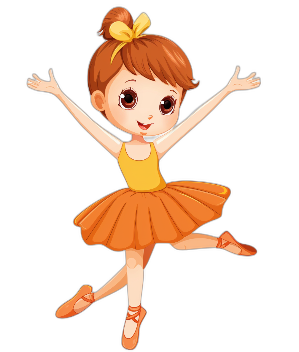 Cartoon girl wearing an orange ballet skirt, in a cute cartoon style with a black background and flat illustration style. The little ballerina is in mid-air, dancing gracefully while holding her hands up to the side of her head. She has big eyes that sparkle with joy as she dances on pointe shoes. Her hair is styled into two high ponytails adorned with yellow bows.