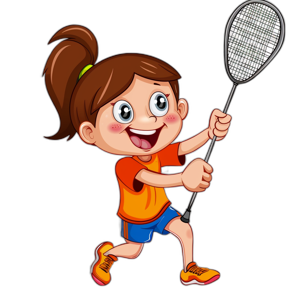 cartoon vector of little girl playing badminton, smiling and holding racket with black background