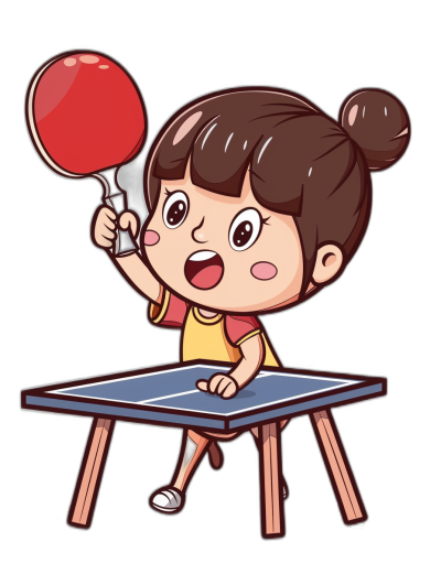 A cute little girl is playing table tennis in the style of a cartoon with a simple vector illustration using pure black background, cartoon sticker design and flat illustration with simple lines and high-definition details.