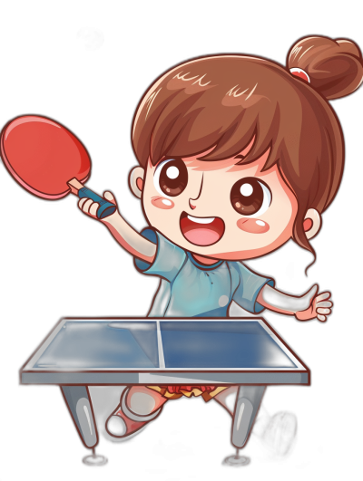 A cute girl playing table tennis, cartoon style with black background and vector graphics, simple design, red eyes, holding the racket in her hand, happy expression, wearing blue short sleeves, white shoes on feet, table made of dark wood material, table top is light gray color, bright colors, red plastic ball flying above head.