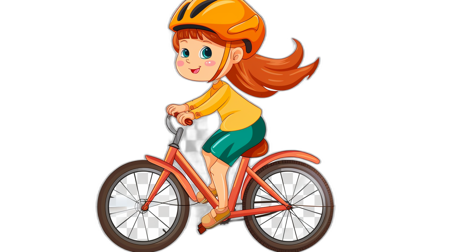 Cartoon girl riding bicycle, vector illustration with black background and flat design style. The character is wearing yellow top green skirt orange helmet white shoes and red bike wheels on the front of her cartoon bike. She has long brown hair in ponytail. Flat design, colorful, cute cartoon characters. A young woman dressed as smiling while sitting on a bright red bike