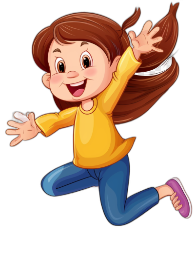 A cartoon girl is jumping with her hands up, with a smiling face, with brown hair in a ponytail wearing a yellow shirt and blue pants isolated on a black background. She is jumping in the style of an animated figure.