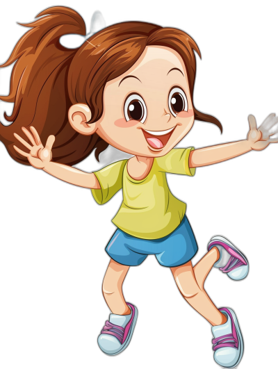 A cute happy cartoon girl in a yellow shirt and blue shorts, with brown hair in a ponytail at the back, wearing purple shoes and jumping up isolated on a black background, in the clipart style.