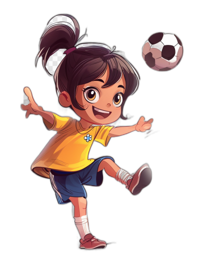 Cartoon character, chibi style cartoon girl playing soccer, wearing yellow and blue shorts with white shoes, smiling expression, black background, cartoon illustration style, high quality, high resolution, full body portrait, cute, lively pose, cartoon sports , playful color scheme. Pixar Style Cartoon Character Design of A Girl Playing Football on Black Background in the style of Pixar.