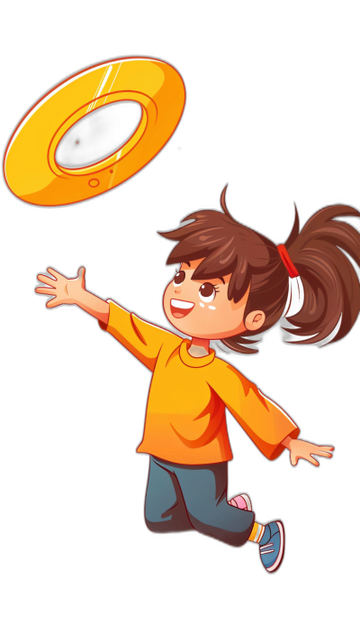 A cute little girl is playing frisbee in the style of a cartoon, with simple lines and a vector illustration style on a black background with a yellow and orange color scheme. The high resolution, high quality illustration has a simple 2D game art design. The character should be depicted in an energetic pose with one hand outstretched as if about to catch the flying frisbee. She has long brown hair tied back into pigtails. Her  include jeans and sneakers. There are no text or other elements on the pure black background screen.