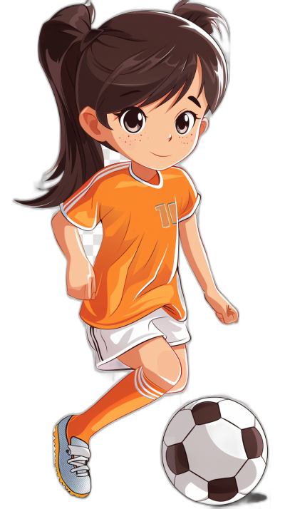 Cartoon of an Asian girl playing soccer, wearing an orange and white jersey with number "7", brown hair in a ponytail style, black background, cartoon character sticker design, vector illustration, simple flat colors, full body shot, high resolution, high detail, high quality, high definition, high sharpness, high clarity, high saturation, professional lighting, in the style of professional photography.