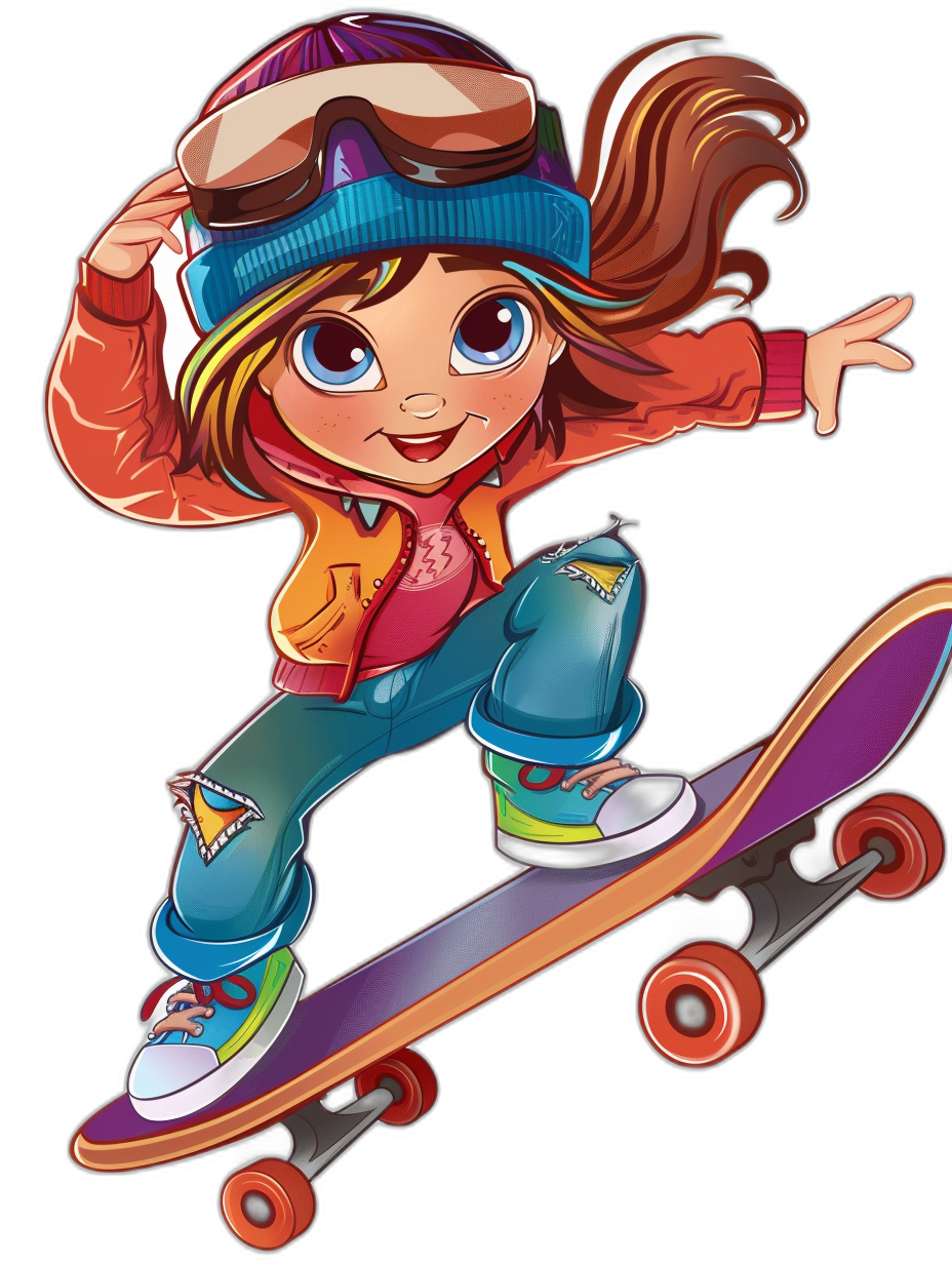 Cute cartoon girl on a skateboard, clip art sticker style with a border, vector illustration in colorful and vibrant colors with detailed design on a black background, high resolution, high quality, high detail, high definition, high sharpness image with perfect details in the style of digital airbrushing and cute character designs.