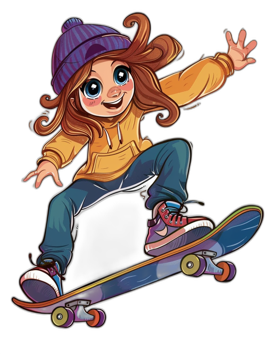 t-shirt design, cute cartoon girl with brown hair and blue eyes wearing jeans and a purple hat doing a skateboard jump against a black background.