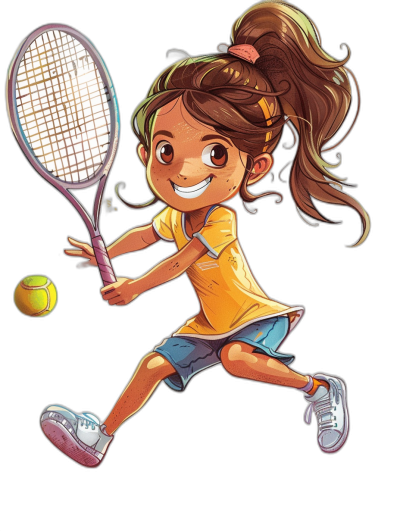 a cute happy young girl playing tennis, cartoon style children's book illustration, full color, simple, on black background, no outline