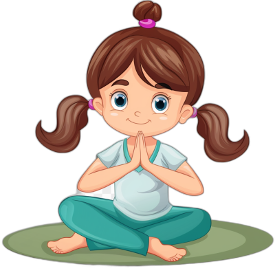 Cute cartoon girl doing yoga in the style of clip art, simple illustration with black background, cute little brown haired girl in pigtails wearing a white t-shirt and turquoise pants sitting on the floor in a praying pose.