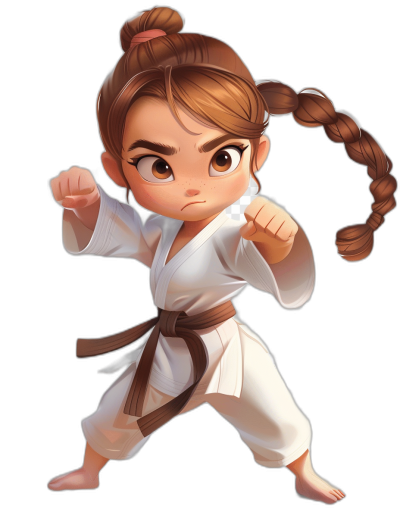 A young girl with brown hair in pigtails, dressed as a judoka is doing karate stances in the style of a cartoon, with a chibi character design in a full body shot on a black background in the style of vector art, with high resolution, high quality, and high detail in the style of a digital painting with hyperrealistic and hyper detailed cinematic lighting and a cinematic camera angle.