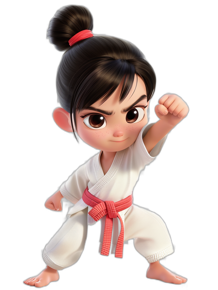 3D cute girl character, doing a karate kick pose, wearing a white kung-fu outfit with a red belt, black hair in a bun, in the chibi style, in the style of Disney Pixar, black background, cartoon style, very detailed