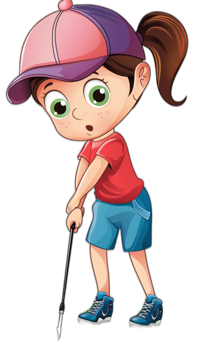 A cartoon girl playing golf, wearing blue shorts and a red t-shirt with a purple cap, with big green eyes, clip art for stickers, on a black background.