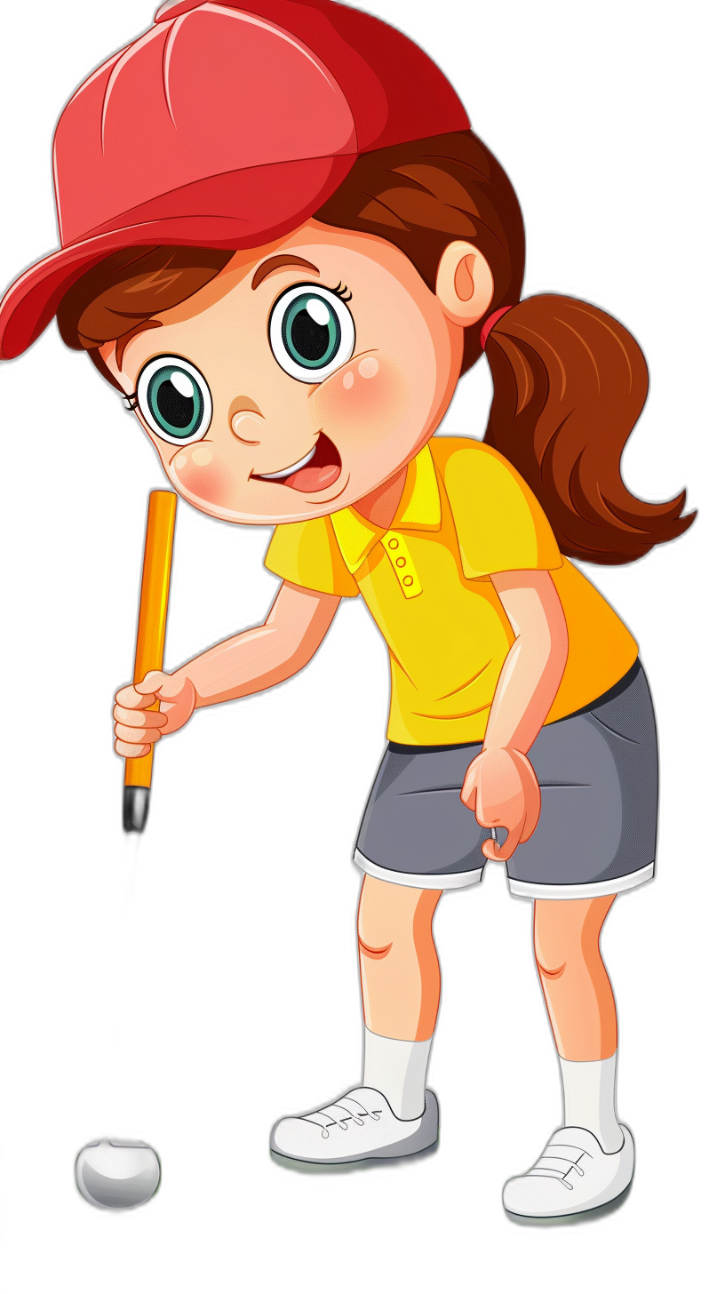 A cute girl playing golf, cartoon style vector illustration with black background. She is wearing yellow t-shirt and grey short skirt. Her hair in ponytail hairstyle and red cap on her head. The little one has green eyes. He holds the club at an angle to hit white ball. Vector Illustration with Black Background