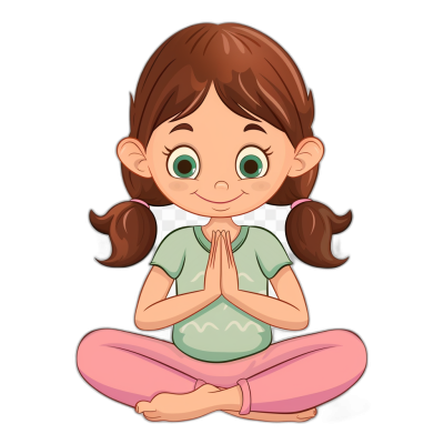 A cute cartoon girl doing yoga in a vector illustration with a black background. She has brown hair and green eyes wearing pink pants and a light blue t-shirt. Her hands are together in front of her chest in a praying pose.